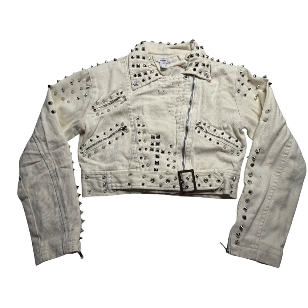 Forever 21 Womens XS White Studded Spiked Cropped Denim Moto Biker Jacket Edgy